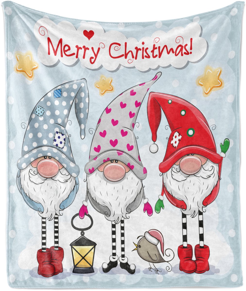 ABAKUHAUS Kerstdeken van zacht flanellen fleece, kerstkabouters, knusse pluche plaid, 175 x 230 cm, lichtblauw meerkleurig