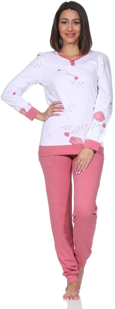 Normann damespyjama met lange mouwen en manchetten in klassieke look rosa