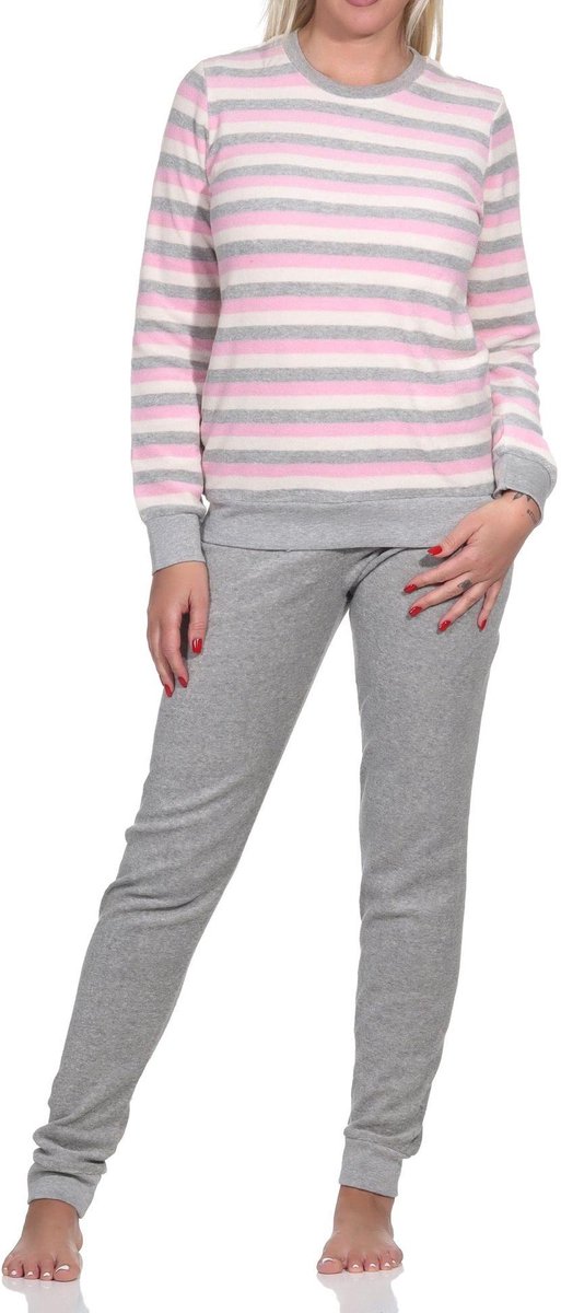 Normann Dames Badstof pyjama met lange mouwen en manchetten - blokstreep-look - ook in overmaten rosa1