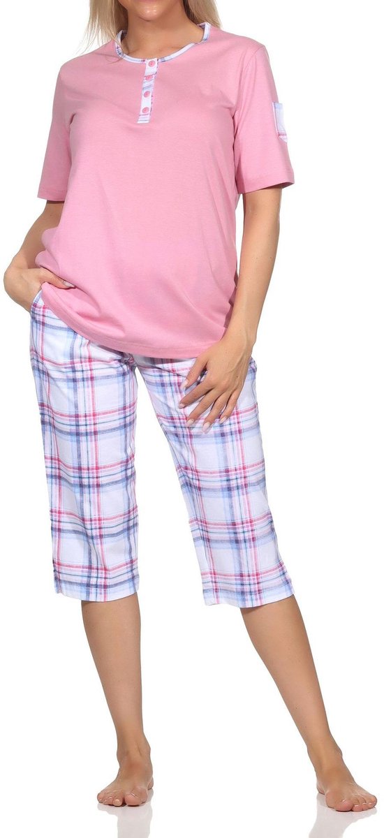 Normann damespyjama korte mouwen met geruite capri jersey pyjamabroek - ook in grote maten rosa