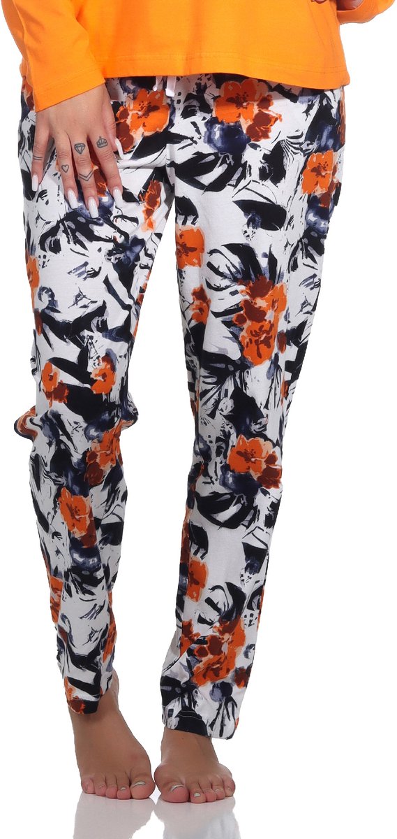 Normann Dames pyjamabroek lang met bloemenprint - perfect te combineren orange