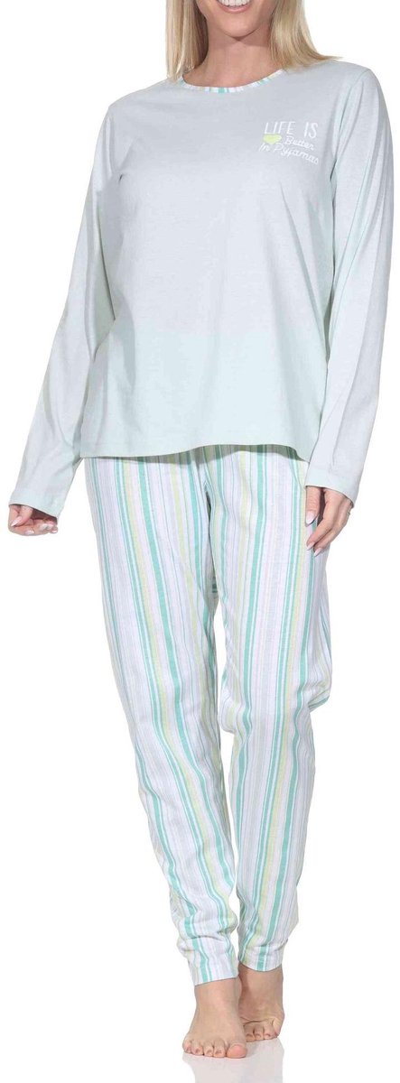Normann dames lange pyjama in elegante strepenlook grün