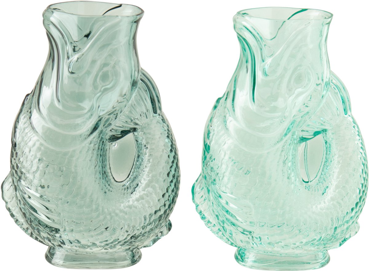 J-Line vaas Vis - glas - blauw/turkoois - set van 2