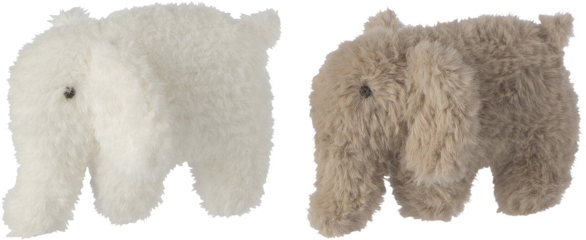 J-Line knuffelbeer Olifant - polyester - wit/beige - small - set van 2