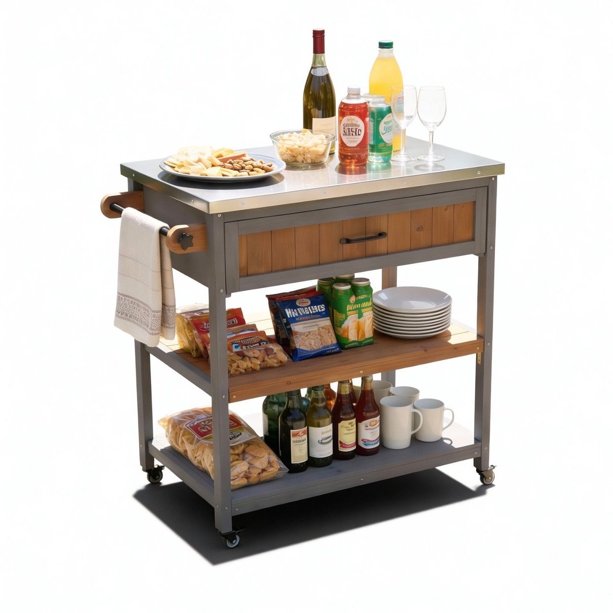 Coemo JAMES houten serveerwagen, keukeneilandwagen met vergrendelbare wielen, roestvrijstalen tafelblad, ook ideaal voor tuin, terras en barbecues 82 x 53 x 92 cm, Grijs