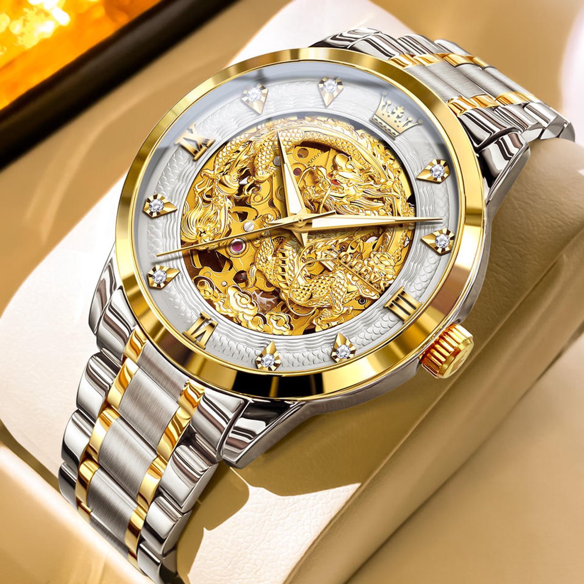 HO-7027.gz : Olevs automatisch mechanisch edelstalen zilvergoudkl Tourbillon horloge, Red Dragon, witzilverkl wijzerplaat, Skeleton kast, goudkleurig binnenwerk, diamantzirkonia