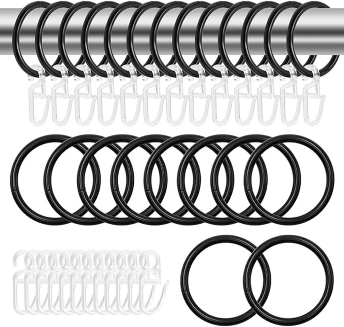 Stunq® 50-delige gordijnringen set met haken - Zwarte metalen ringen en kunststof haken voor raamdecoratie