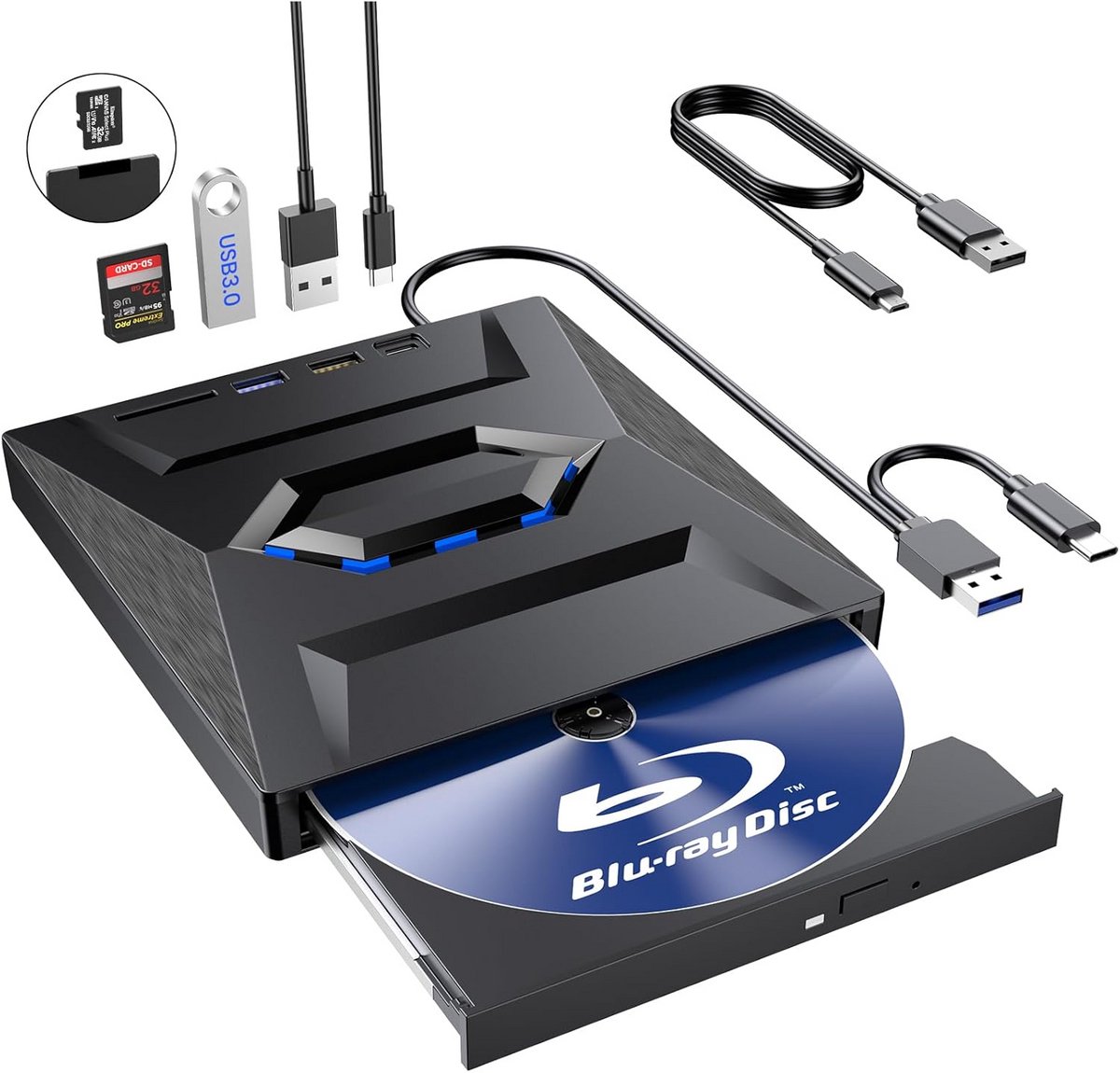 Draagbare Externe Blu-ray Brander en Lezer met USB-C en SD-kaartlezer - DVD/CD RW voor PC & Laptop