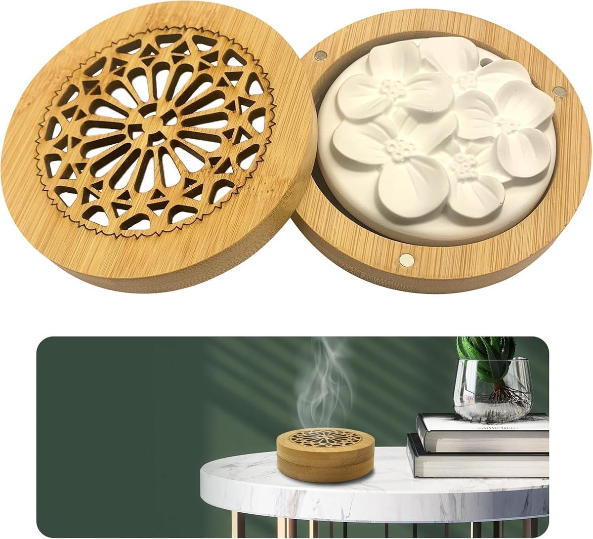 Thijox - Geursteen voor diffuser met houten rookkist, etherische oliën, klein, voor aromatherapie in slaapkamer, badkamer, kantoor, auto en kinderkame