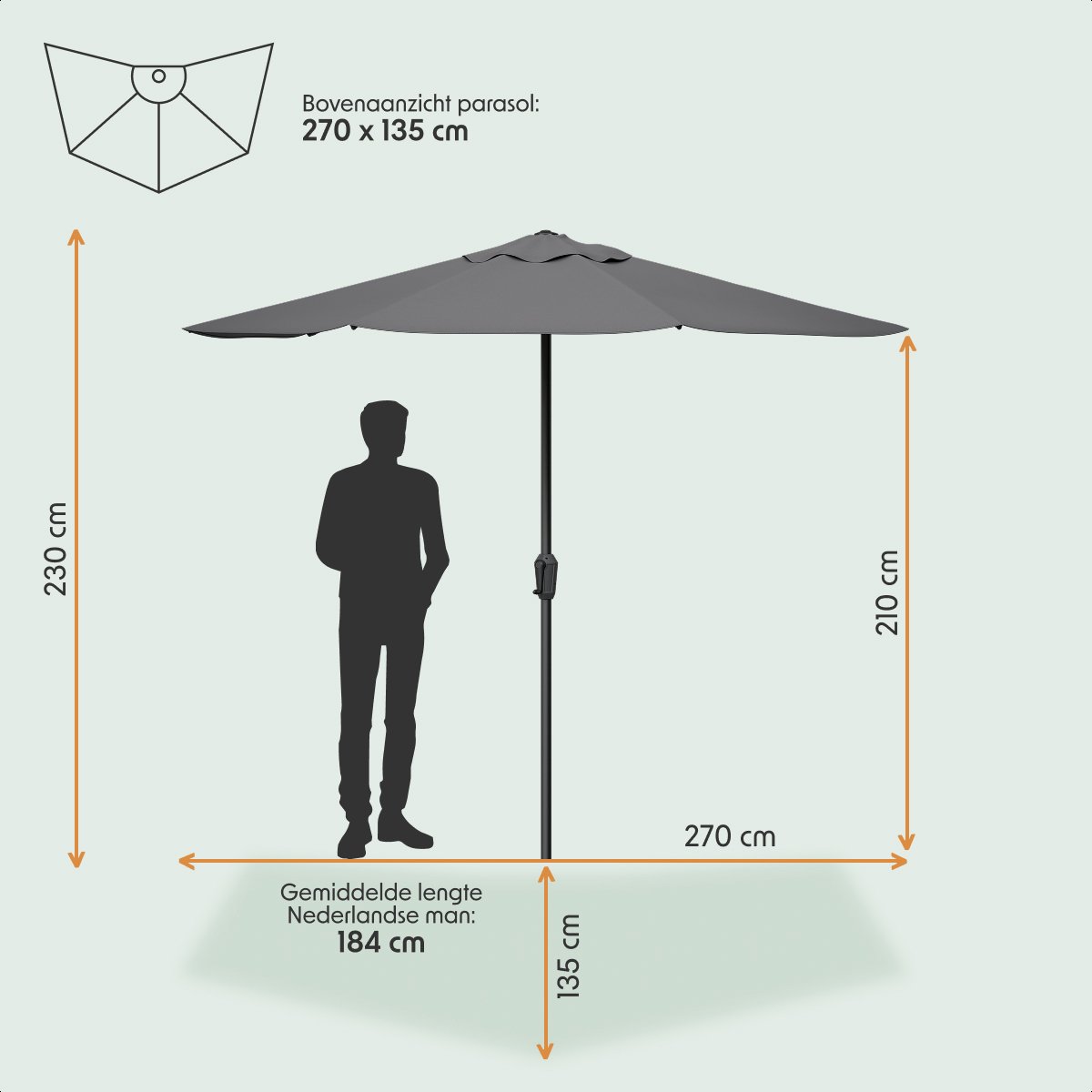 LifeGoods Balkon Parasol - Tuin - 270x135 cm - Halfronde Parasol - Waterdicht - UPF50+ - Donkergrijs thumbnail 2