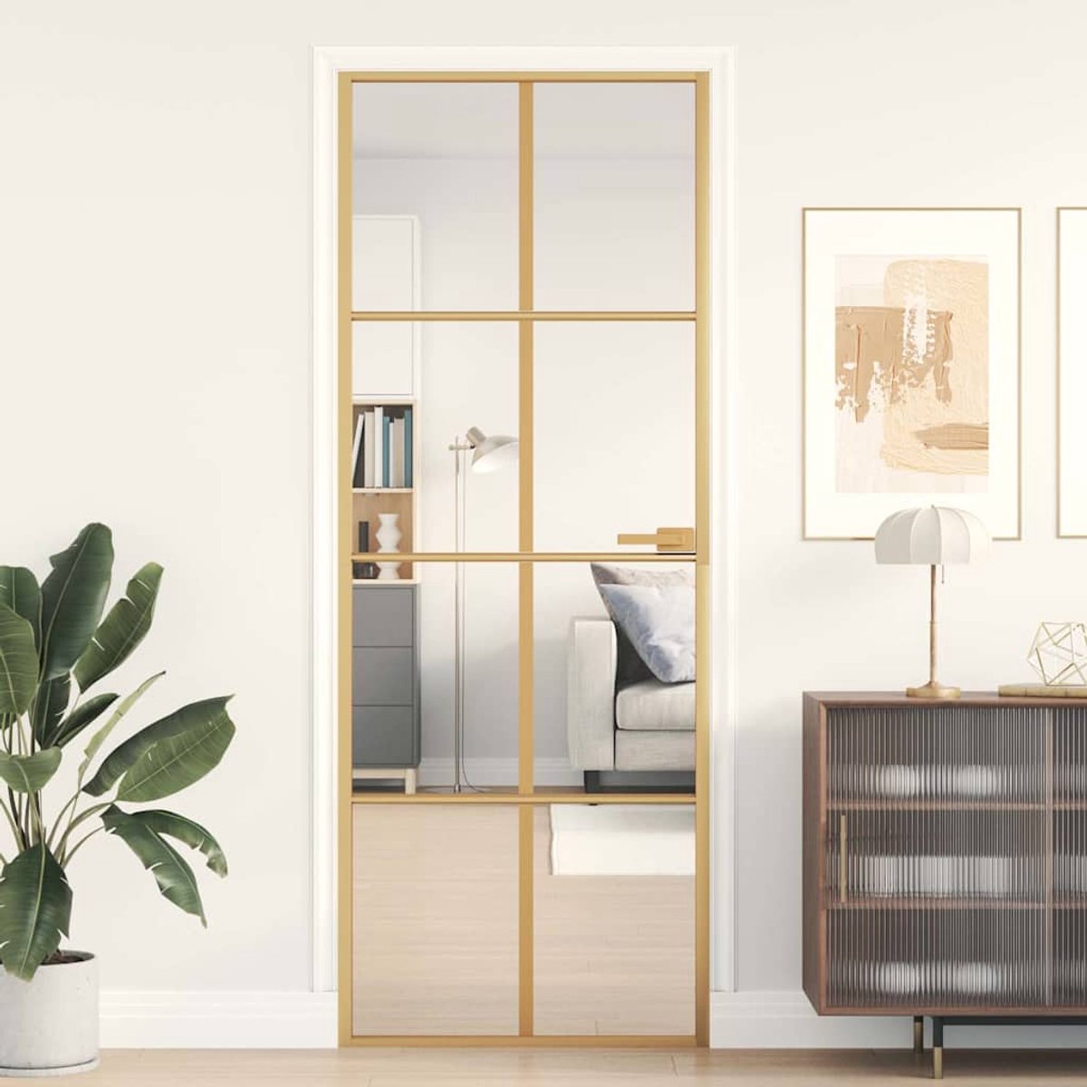 vidaXL - Binnendeur - smal - 76x201,5 - cm - gehard - glas - en - aluminium - goudkleur