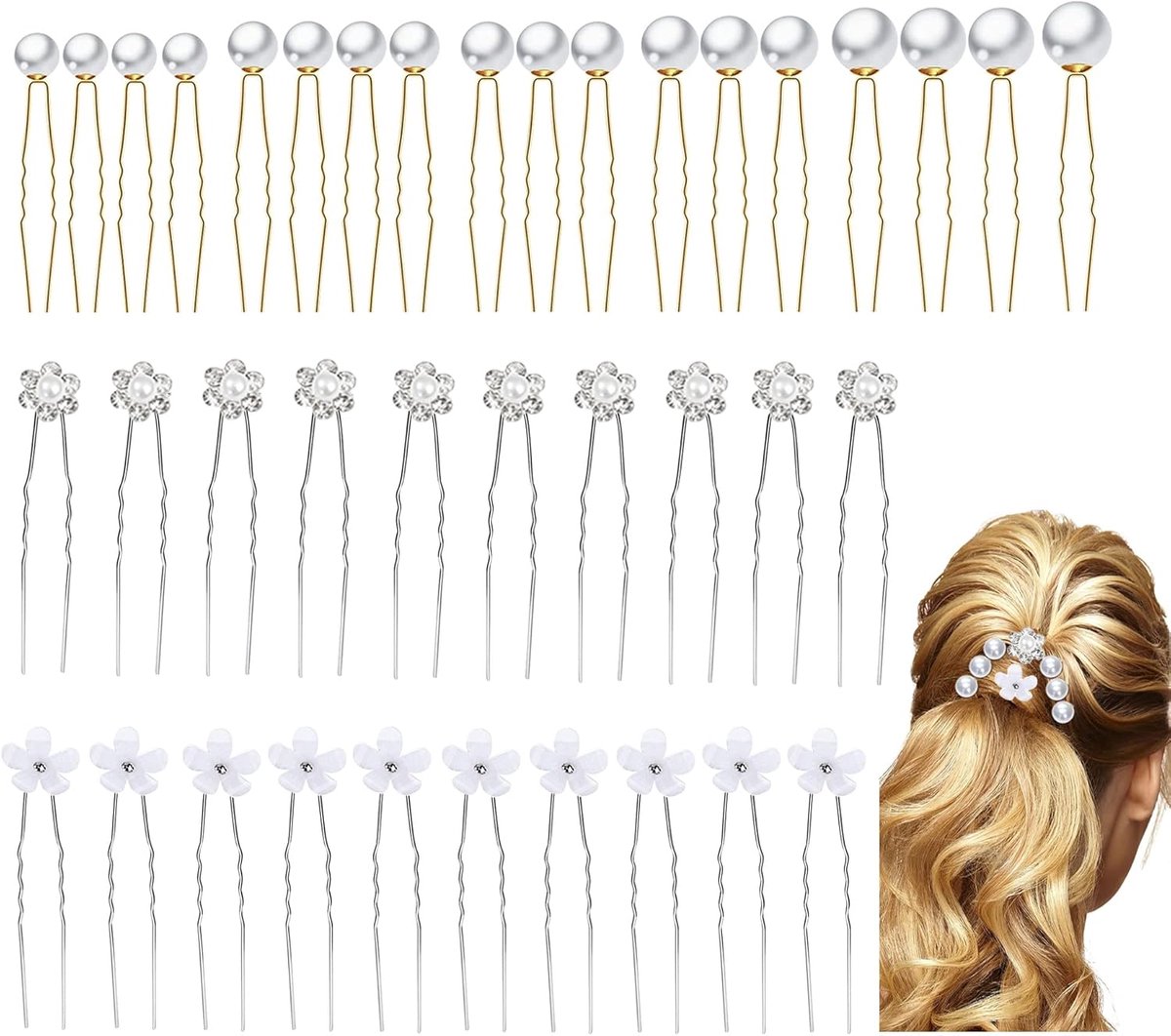 Set van 38 Bruiloft Haarspelden met Parel en Strass Bloemen voor Bruidskapsels
