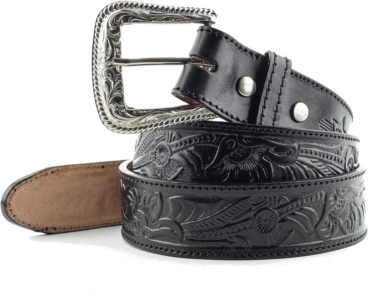 Zwarte Leren Herenriem met Reliëf - Westernstijl Accessoire