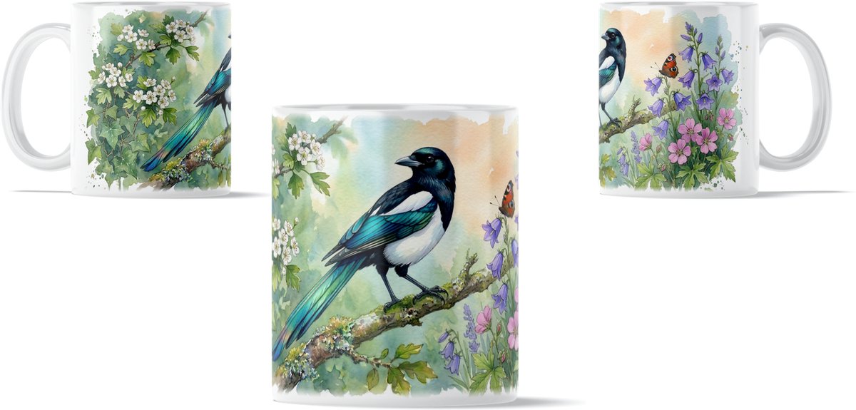 Ekster op Tak met Vlinder & Paarse Bloemen "Aquarel Series" Koffiemok Theemok Natuurprint Bosdieren Cadeau voor haar: Vrouw, Vriendin of Collega Decoratie Thuis & Kantoor Uniek Geslaagd Cadeautje Vogelliefhebber Originele Drinkbeker