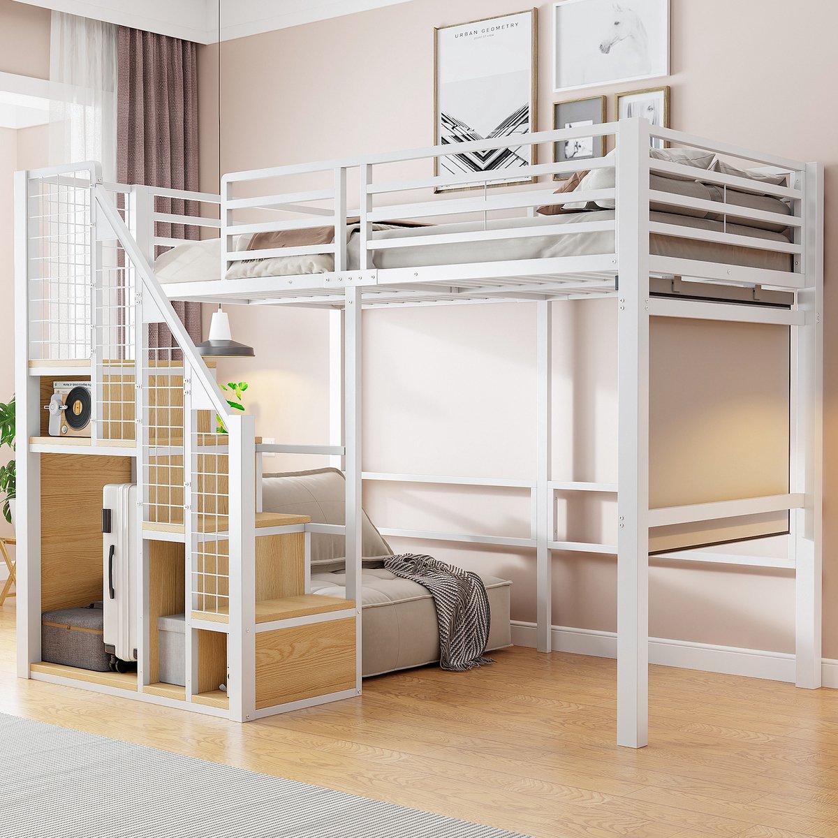 Sweiko Hoogslaper - 90 x 200 cm - Metalen frame - Opbergruimte - Kinderbed - Wit (Geen bank)