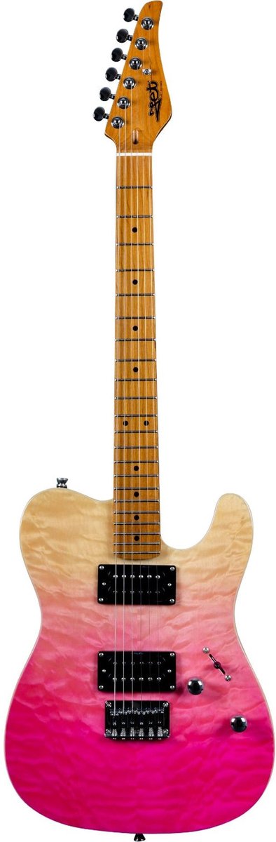 JET JT-450 QTPK T-style Elektrische Gitaar HH Alnico Quilted Maple Top Tremolo Roasted Maple Toets Transparant Roze