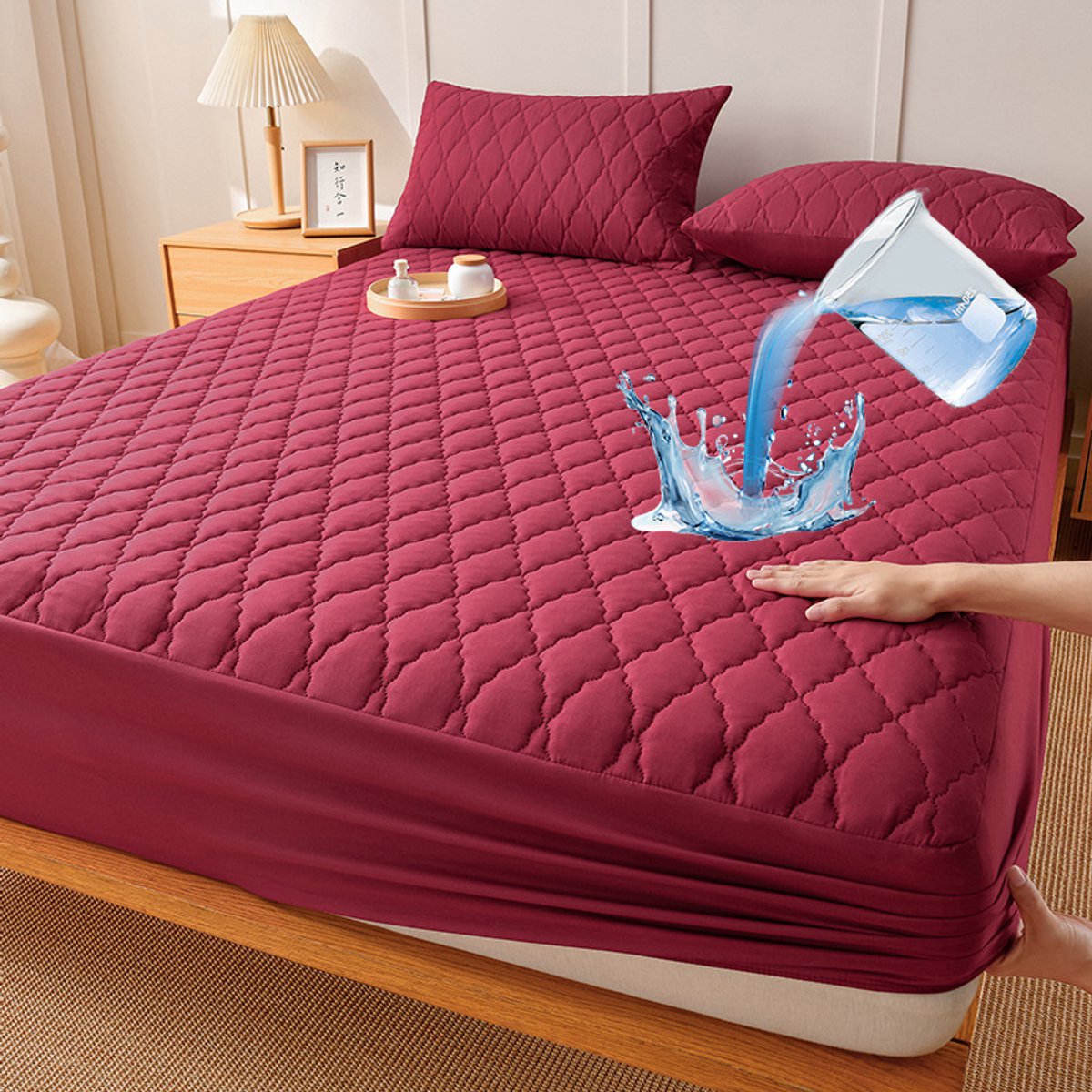 Waterdichte matrashoes en kussensloopset, matrasbeschermer, waterdicht TPU-membraan, eenvoudig te installeren, ademend en elastisch, zacht en comfortabel, wasbaar,Wijnrood,99x190cm