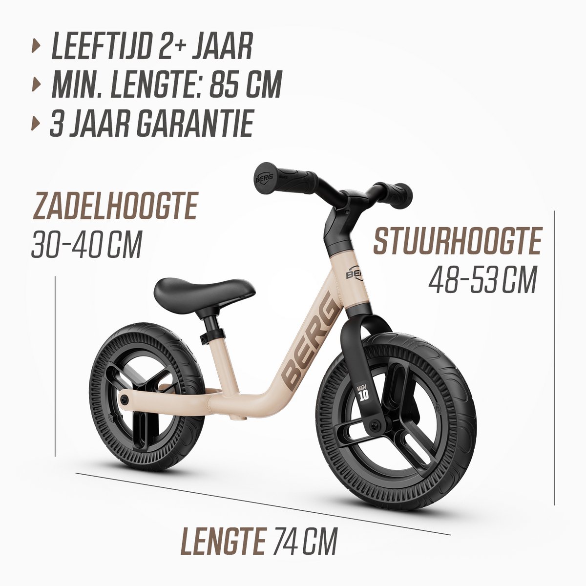 BERG MOOV10 Loopfiets - 2+ jaar - 10 inch - Lichtgewicht - Anti-lek EVA Banden - Verstelbaar Stuur en Zadel - Sand Beige — afbeelding 8