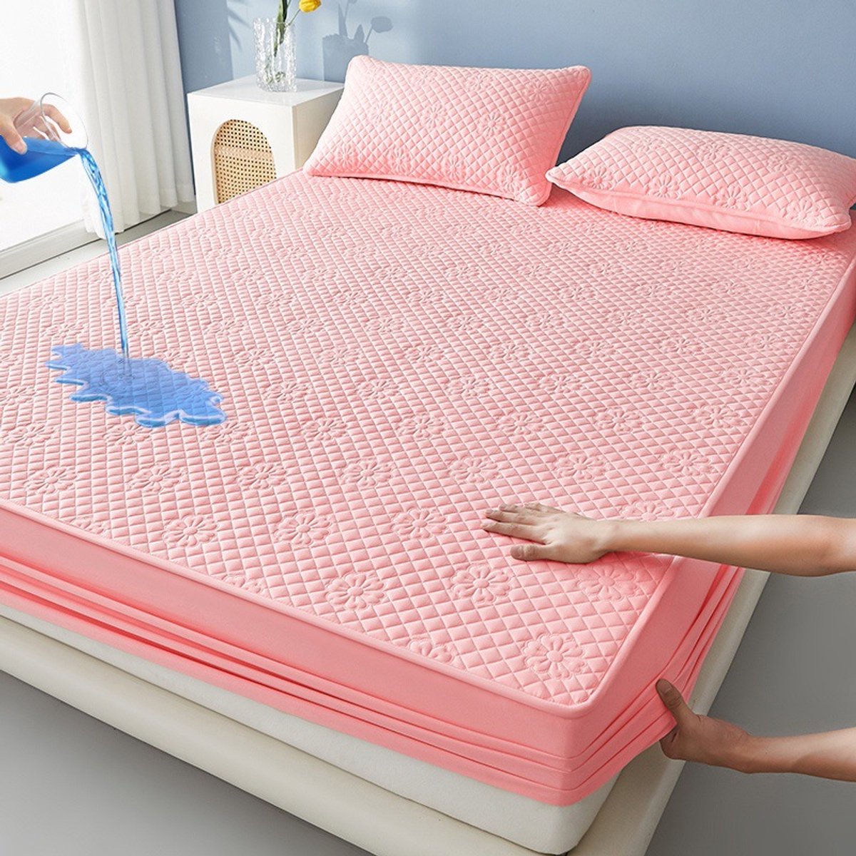 Matrashoes + 2 kussenslopen, TPU-laag voor waterdicht en ademend gebruik, geschikt voor matrassen tot 28 cm dik,Bloemrode bonenpasta,180*200cm+kussensloop 48*74cm