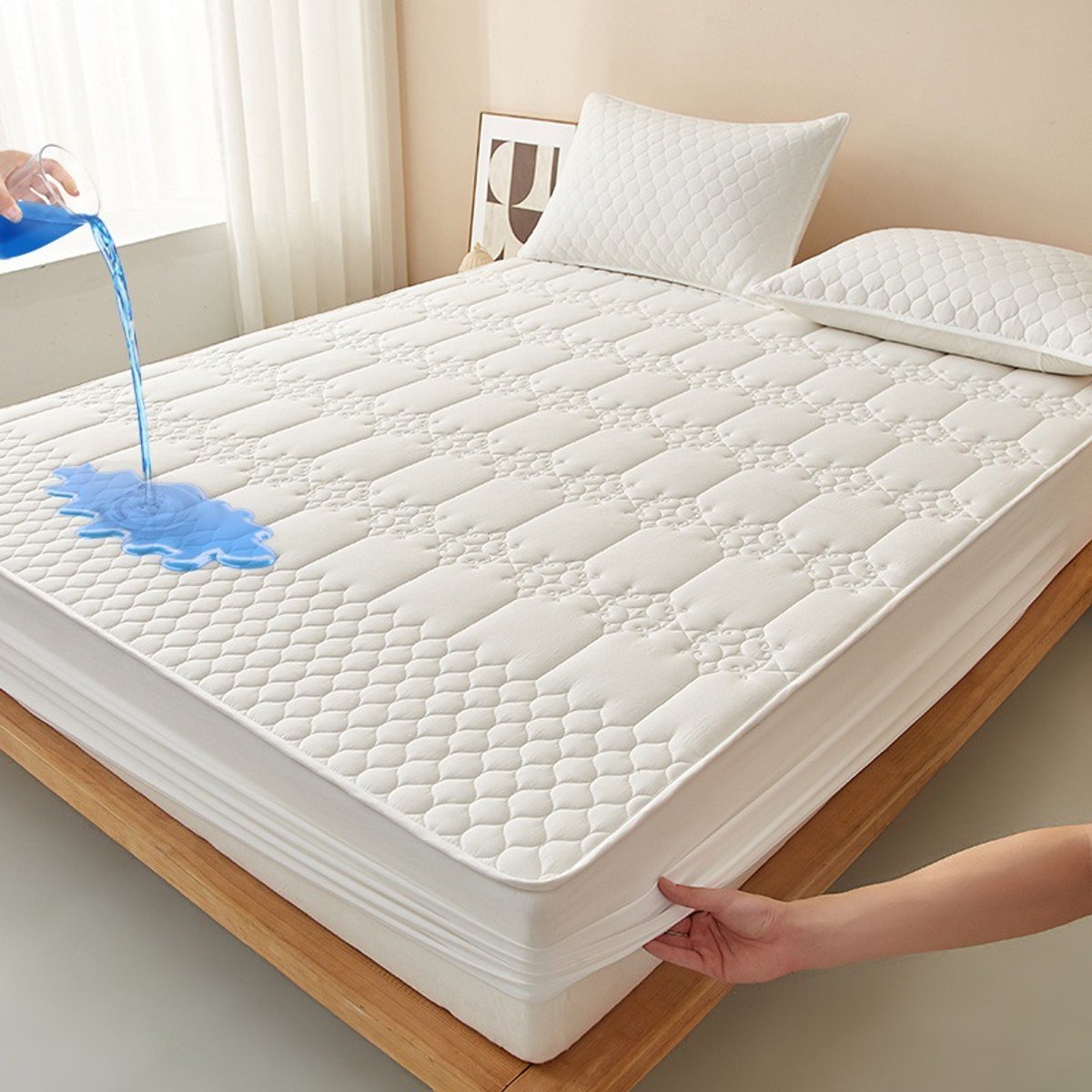 Matrashoes + 2 kussenslopen, TPU-laag voor waterdicht en ademend gebruik, geschikt voor matrassen tot 28 cm dik,Ruit - Wit,135*200cm+kussensloop 48*74cm