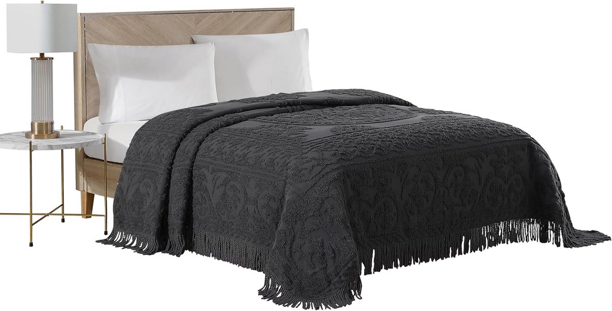Luxe Chenille Bedsprei Volledige Maat Antraciet - Zachte Katoenen Sprei