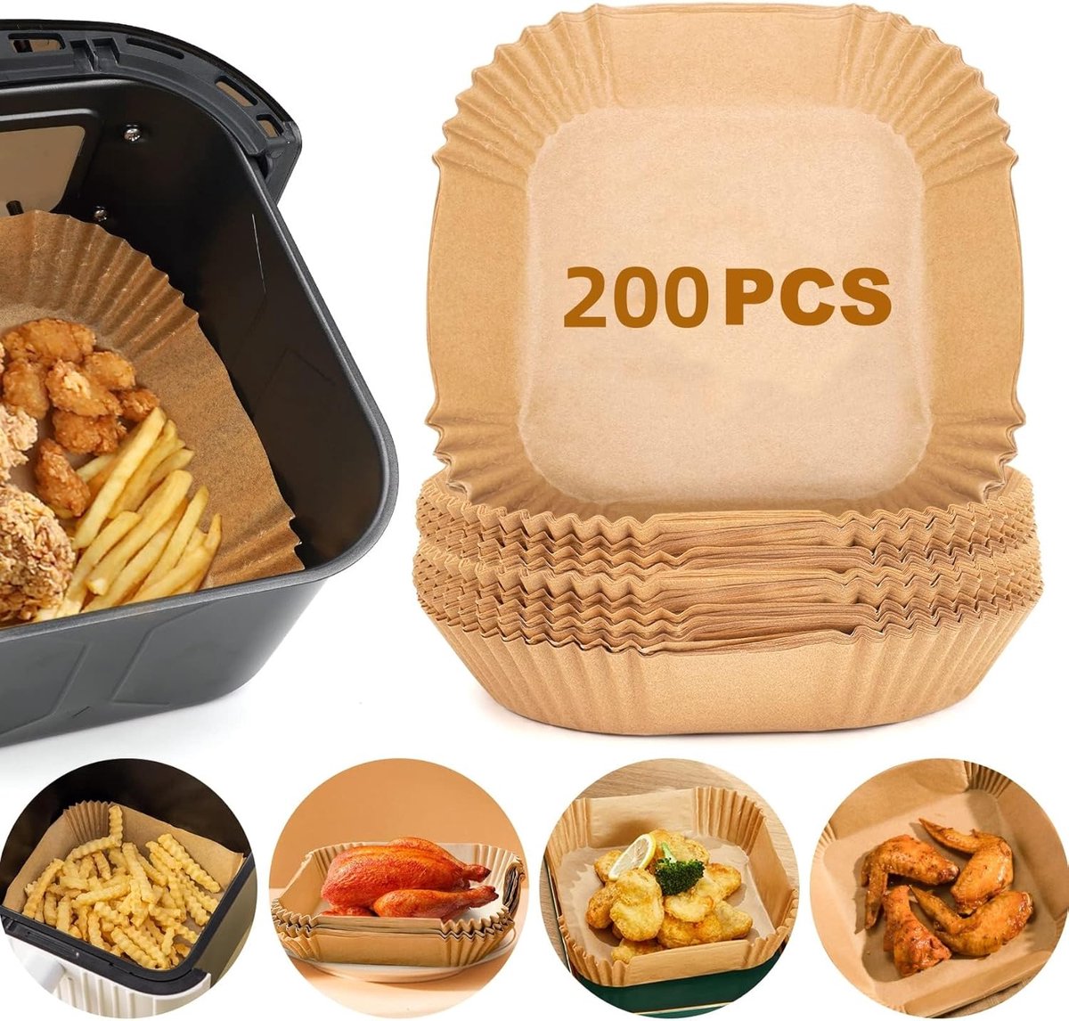 200 Stuks Bakpapier voor Airfryer - Ovenbestendige Papieren Inzetstukken voor Gezond Frituren