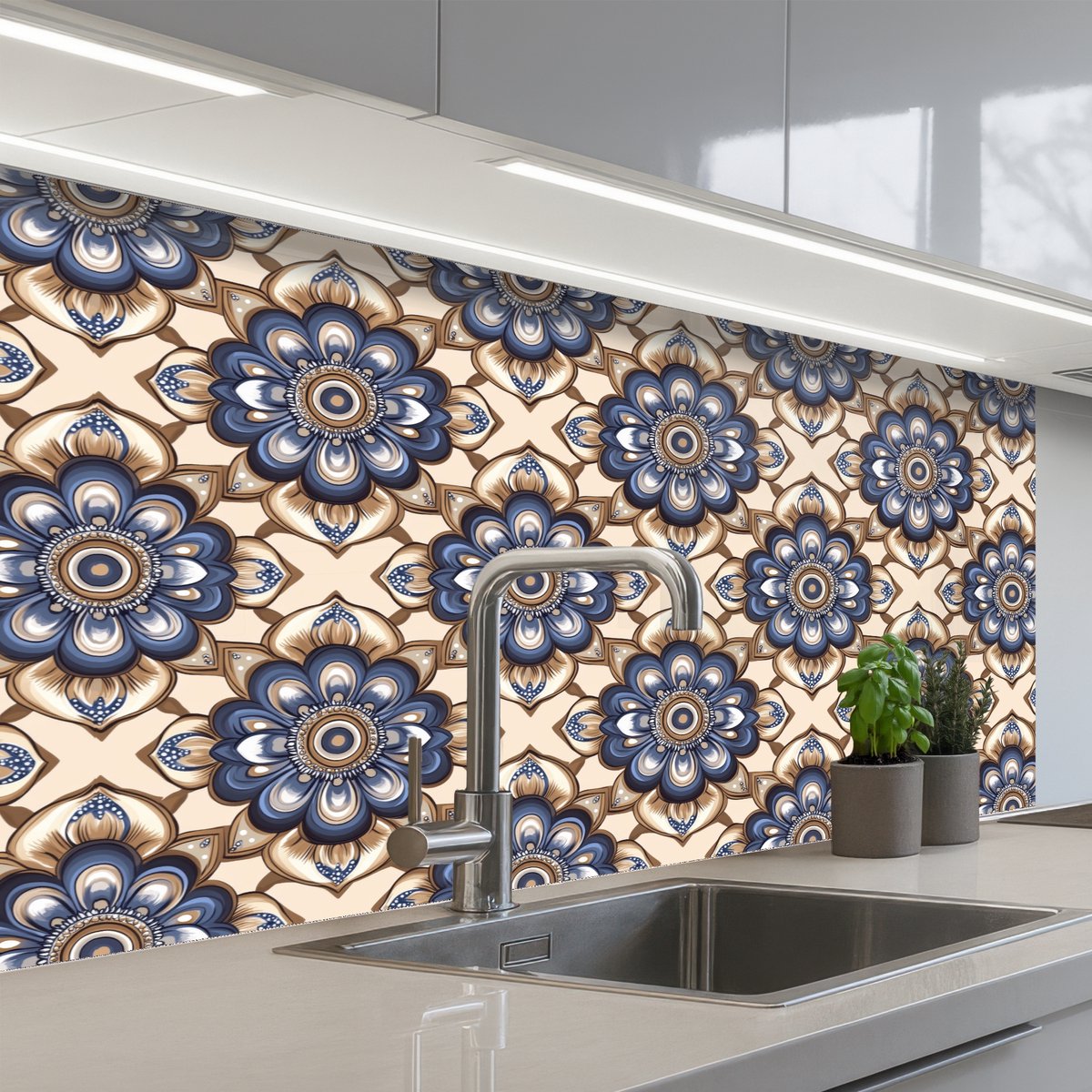 Keuken achterwand 100x60 cm - Spatscherm zelfklevend Floraal - Ornament - Blauw - Muurbeschermer - Spatwand fornuis
