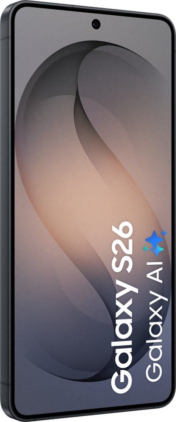 Zwarte Samsung Galaxy S26 smartphone met Galaxy AI-branding en een grafische achtergrond.