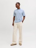 Man in lichtblauw poloshirt, beige broek en bruine schoenen.