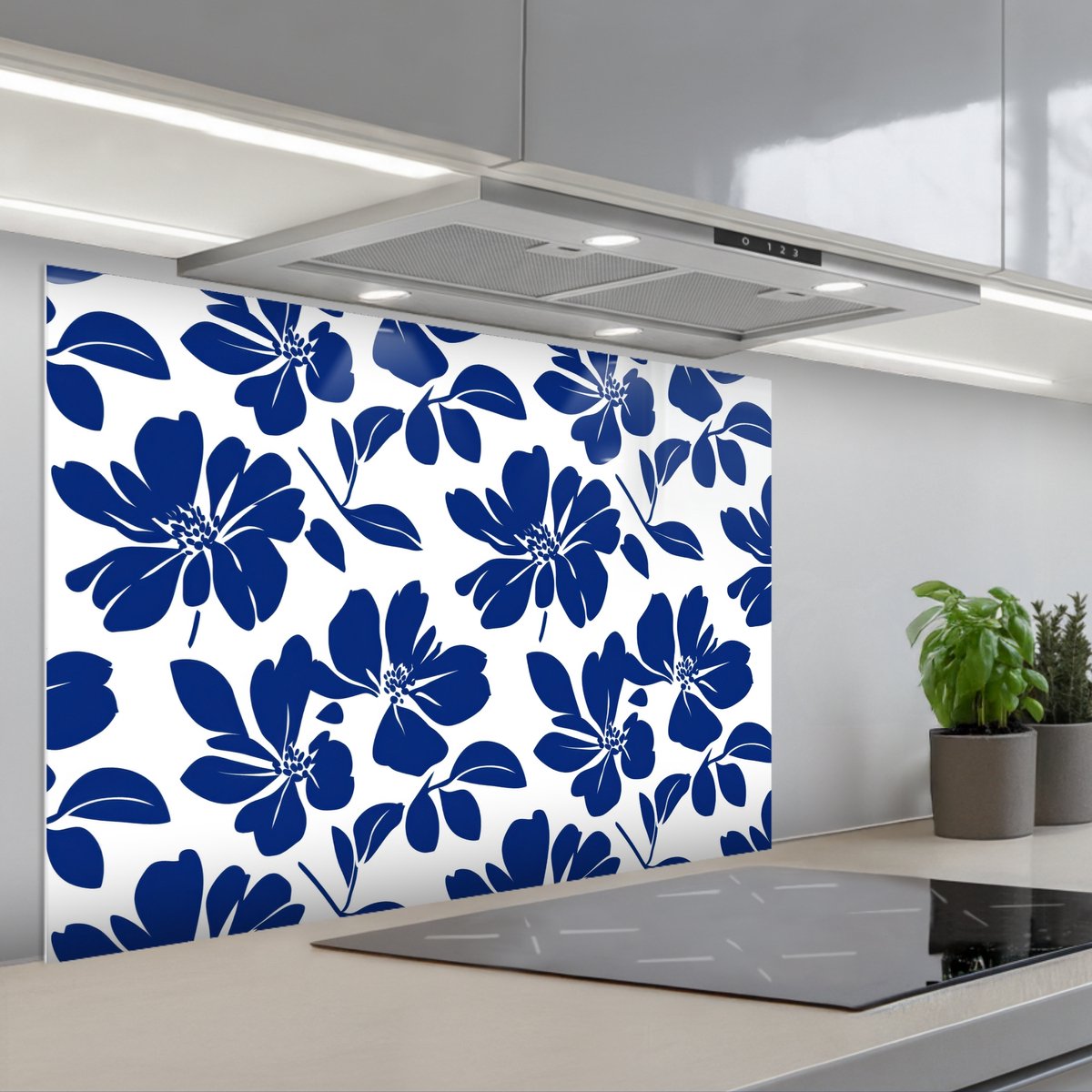 Spatscherm 80x55 cm - Zelfklevende achterwand Floraal - Modern - Blauw - Keuken muurbeschermer - Spatwand fornuis