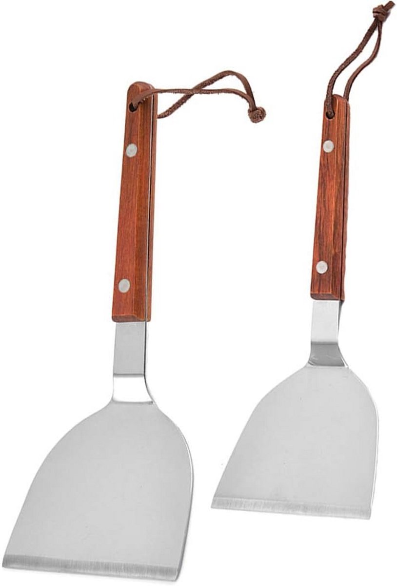 2-Delige RVS BBQ Spatel Set met Houten Handvat voor Grill en Teppanyaki