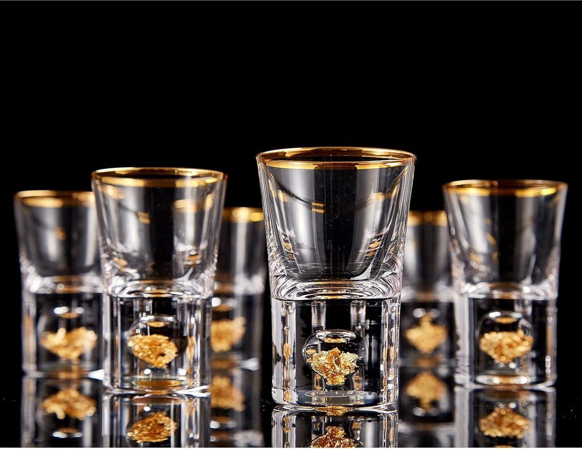 Luxe Shotglaasjes Set van 6 met 24 Karaats Bladgoud - Kristalglas - BPA- en Loodvrij