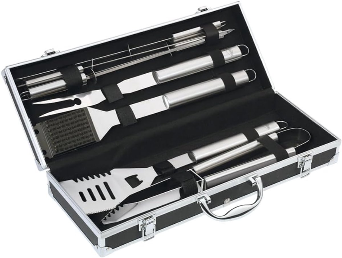 8-delige BBQ Grill Accessoires Set in Aluminium Koffer van Roestvrij Staal