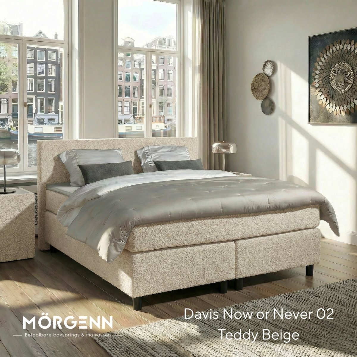 Mörgenn Boxspring Amsterdam - Pocketvering - Teddy Beige - 120x210 cm - Inclusief Dekbed en Kussens