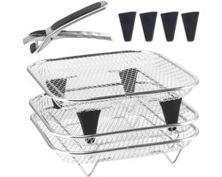 Vierkante airfryer-rekset, 3-delige stapelbare accessoires van roestvrij staal, geschikt om te bakken, met hittebestendige klemmen en siliconen voetjes, oven- en vaatwasserbestendig.
