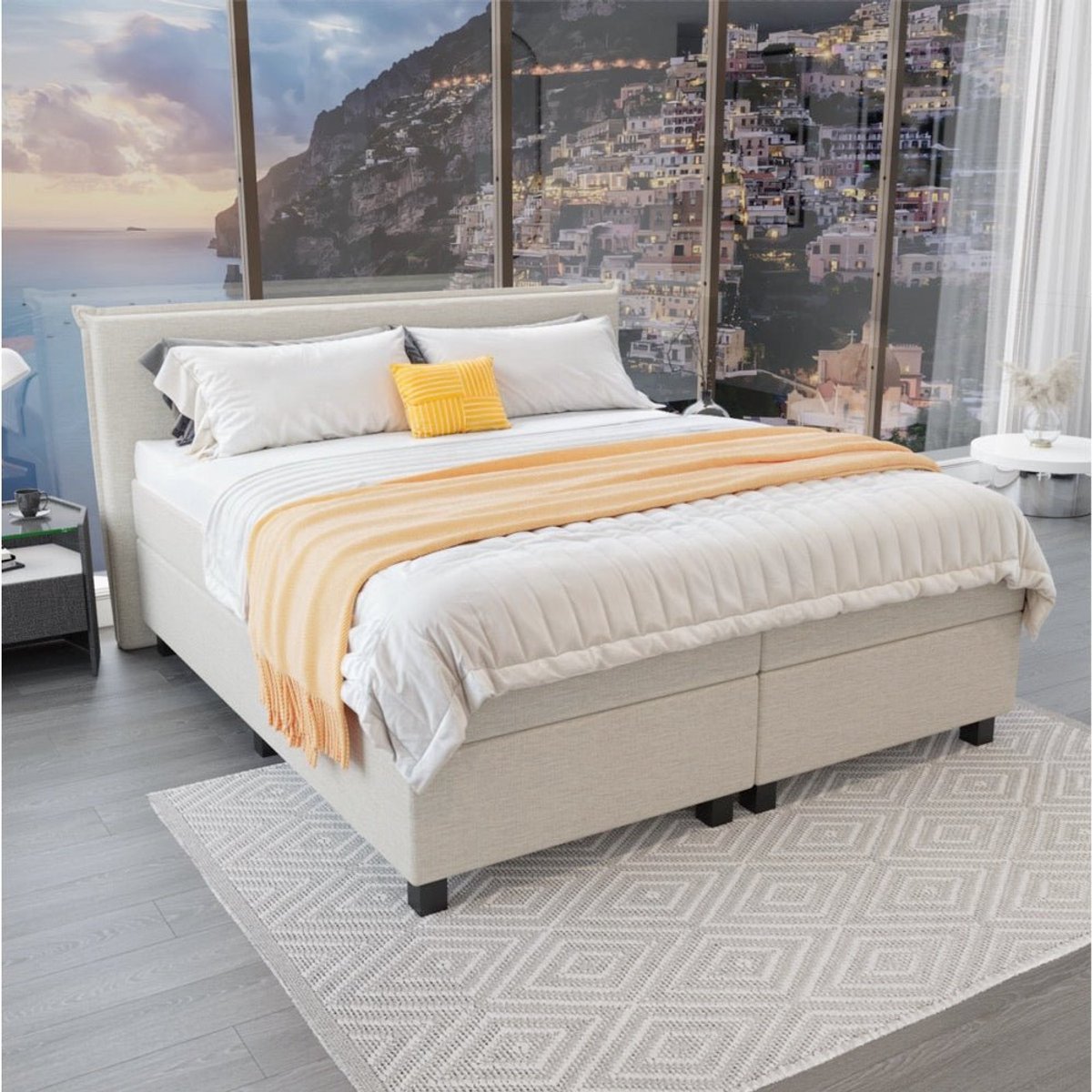 Mörgenn Boxspring Capri - Pocketvering Boxen en matrassen - Luxe 12cm topper - Beige - 80x220 cm - Inclusief Dekbed en Kussens