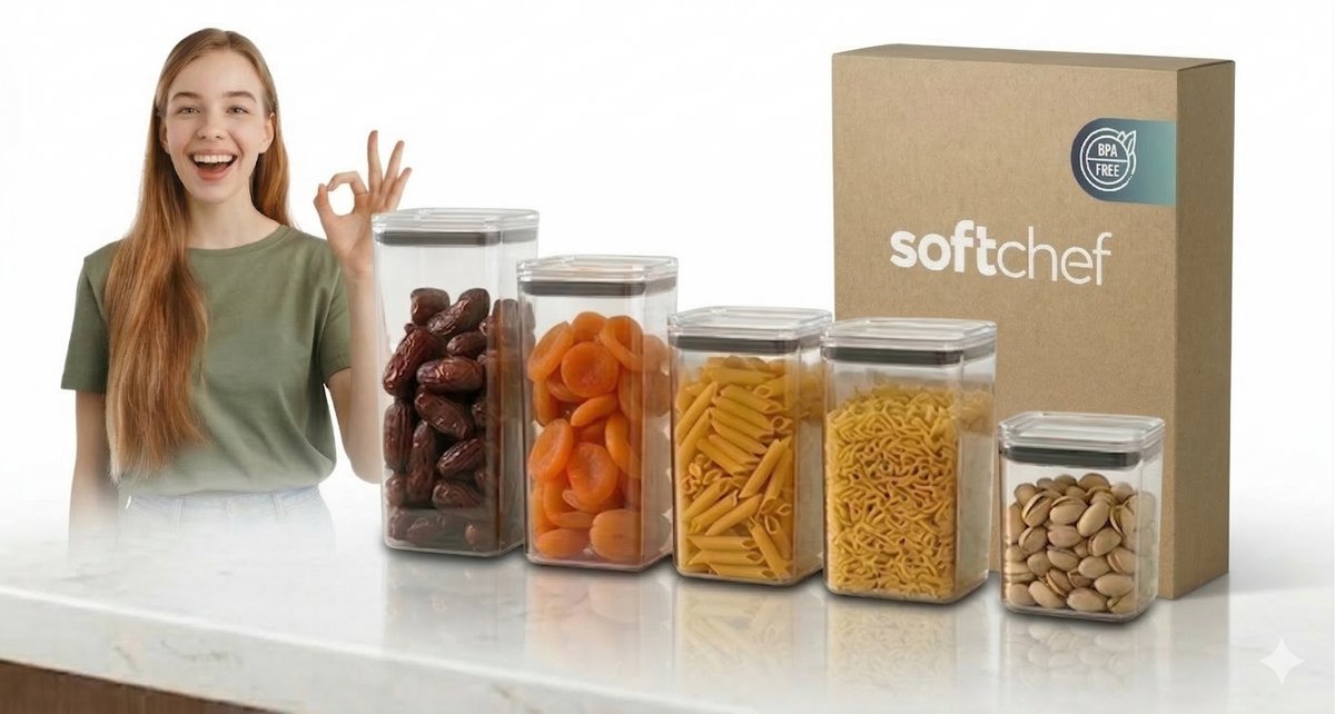 Soft Chef Food Storage Containers Set – 5 Piece – Stackable Pantry Organizer – Silicone Seal Lid – 700 / 1000 (x2) / 1400 / 2100 ml – Clear PS Plastic – BPA Free