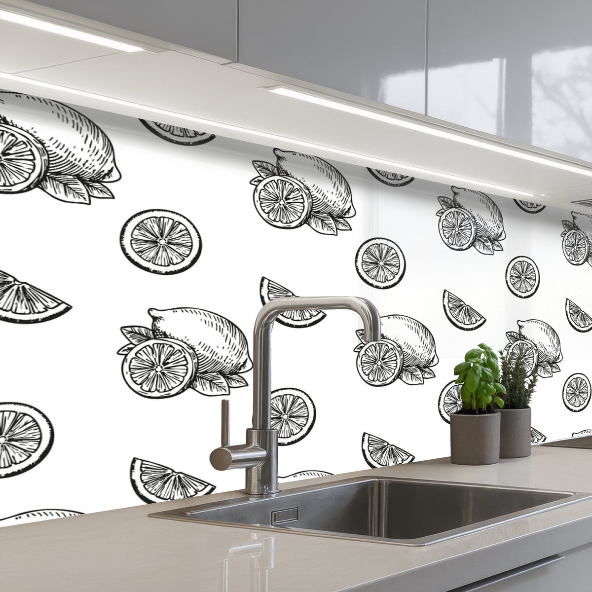 Keuken achterwand 200x80 cm - Spatscherm zelfklevend Citroenen - Zwart - Wit - Patroon - Muurbeschermer - Spatwand fornuis