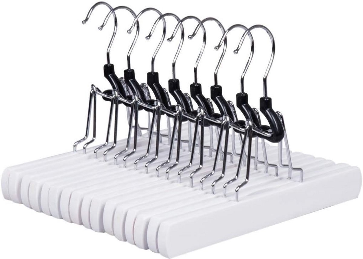 10x Houten Kledinghangers met Klem - Antislip Rok- en Broekhangers - Wit