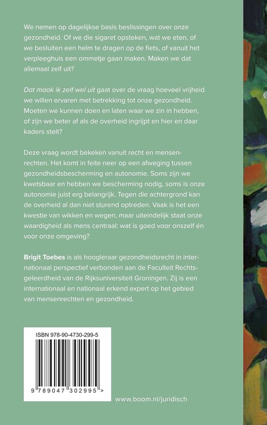 Boekomslag met tekst over gezondheidsrecht, vrijheid en autonomie. Achtergrond met abstracte groene en rode vormen.
