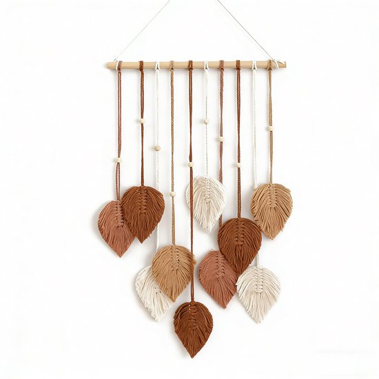 Décoration Murale Macramé Feuille Kraftverdia – 60 x 40 cm – Suspension Murale Boho – Corde en Coton Tissée Décoration Murale pour Salon et Chambre – Marron