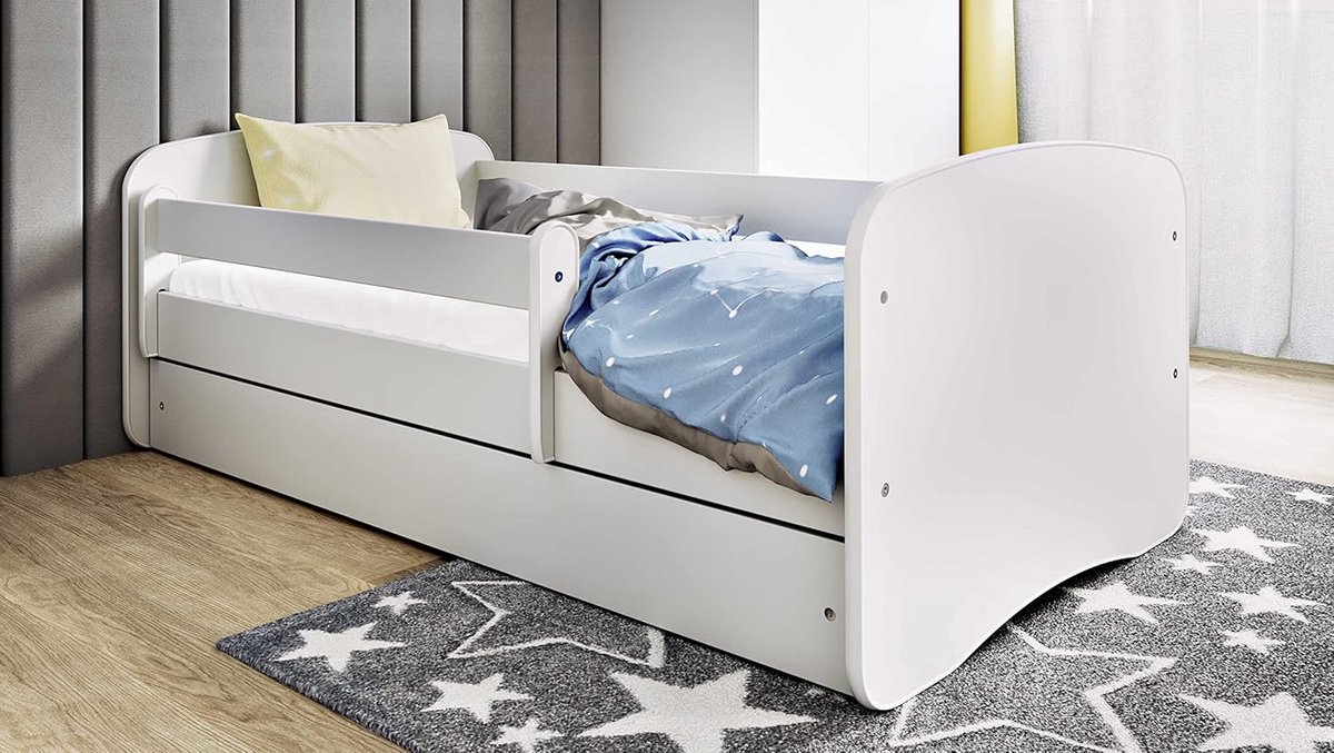 Kinderbed Tienerbed Wit Inclusief Matraslade en Lattenbodem Veiligheidshek
