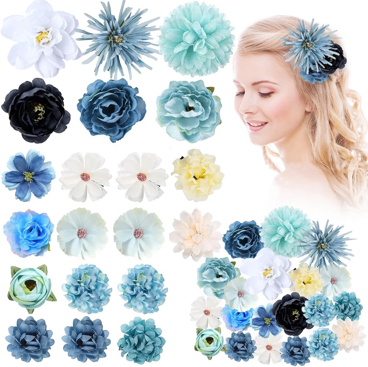 20x Bloemen Haarspelden Hawaii Stijl - Feestelijke Haarspeldjes Blauw Wit