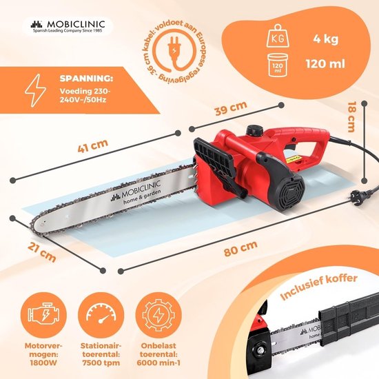 Krachtige Elektrische Kettingzaag met Snoer 1800W - 40 cm Zaaglengte — afbeelding 3
