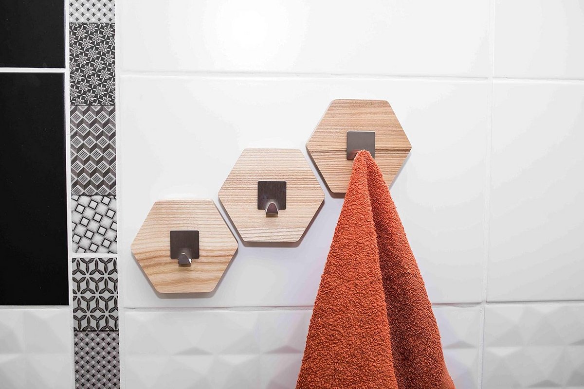 Set van 3 Houten Wandhaken voor Badkamer en Hal - Honingraat Design