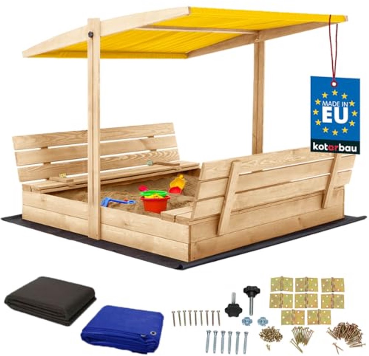 KOTARBAU® Houten Zandbak, 140 x 140 cm, Natuurlijk, Zandbak met Bankjes, met Geel Dak, en Grondzeil, voor Tuin, Buitenspeelgoed