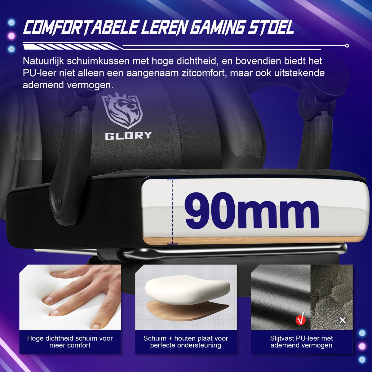 Hiaonyx Gaming Stoel 170° Verstelbaar Zwart met Voetsteun - afbeelding 3