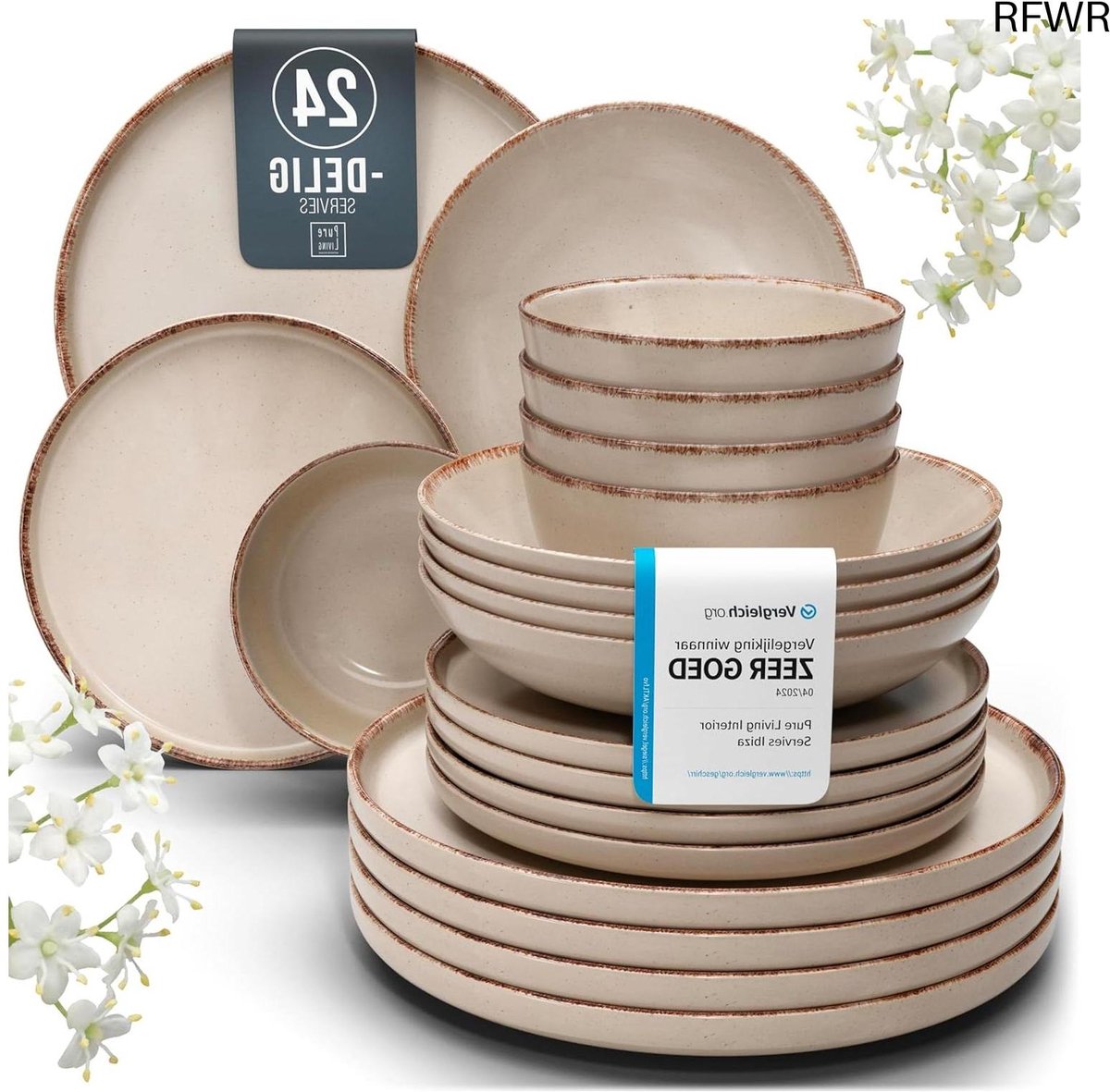 Rustieke 24-delige Serviesset voor 6 Personen - Steengoed Serviesgoed - Vaatwasserbestendig - Modern Vintage Design in Beige