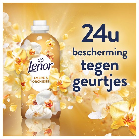 Bouteille de Lenor Ambre & Orchidée, avec motif floral. "24h de protection contre les odeurs"