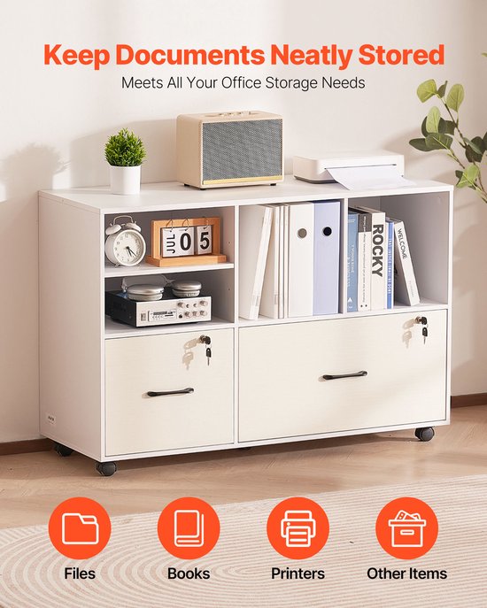 Witte archiefkast met twee lades en open vakken, ideaal voor documenten, boeken en printers. Met iconen.